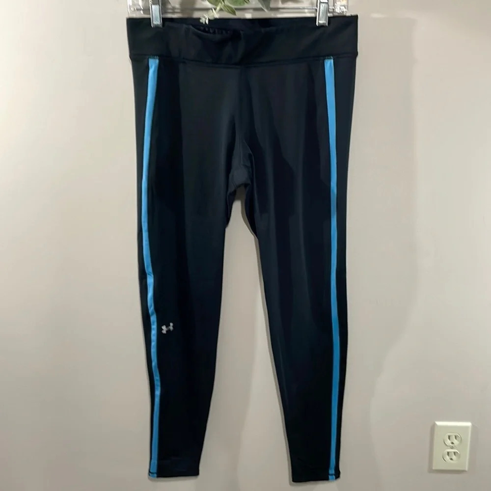 UA Under Armour Cozy Compression Leggings Black Blue Side Stripe L